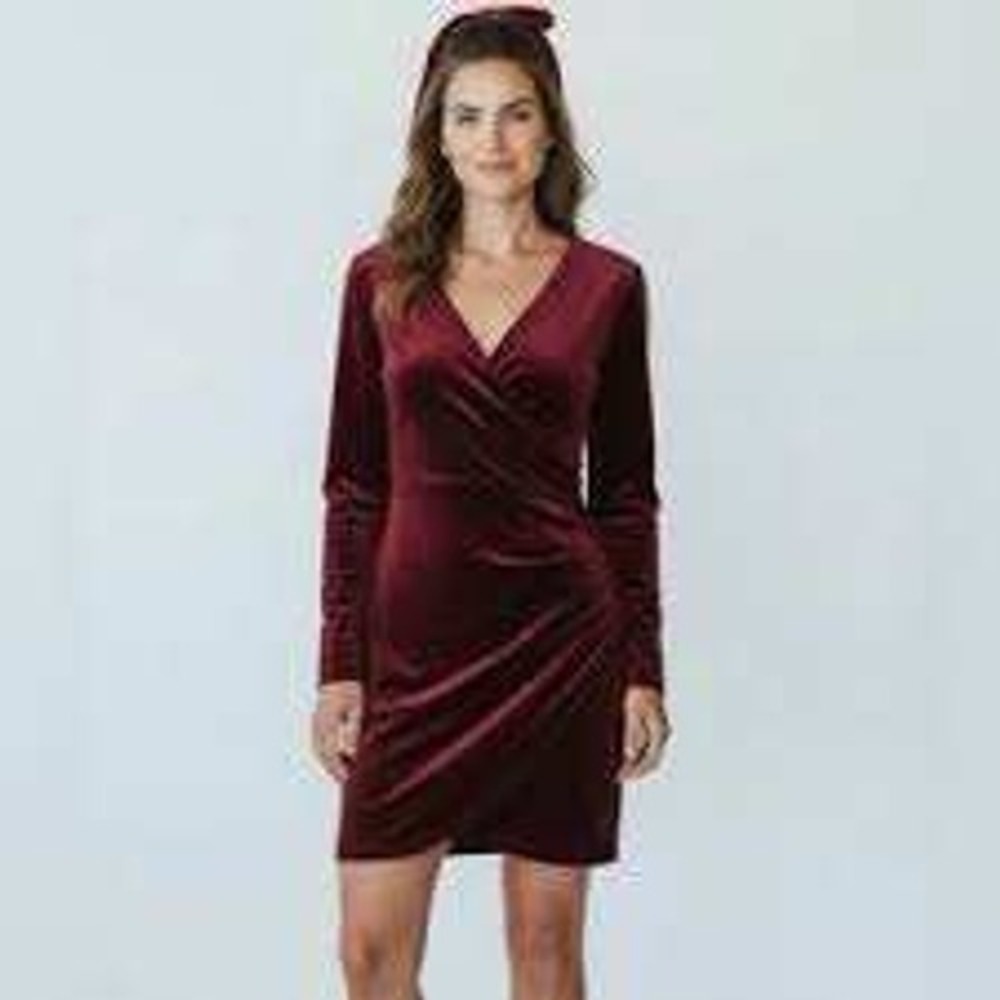 Wilfred Free Aritzia Burgundy Velvet Faux Wrap Ruched Mini Dress Long Sleeve M